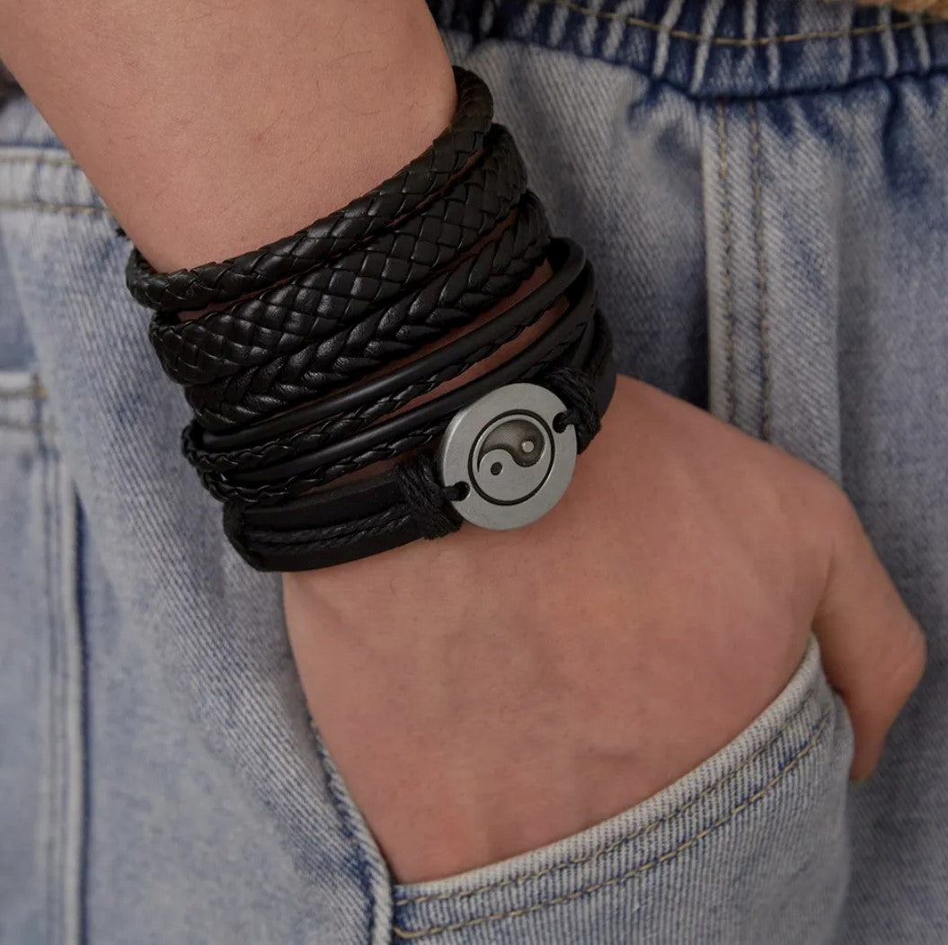 Bracelet en cuir rond tressé vintage pour hommes et femmes yin et yang